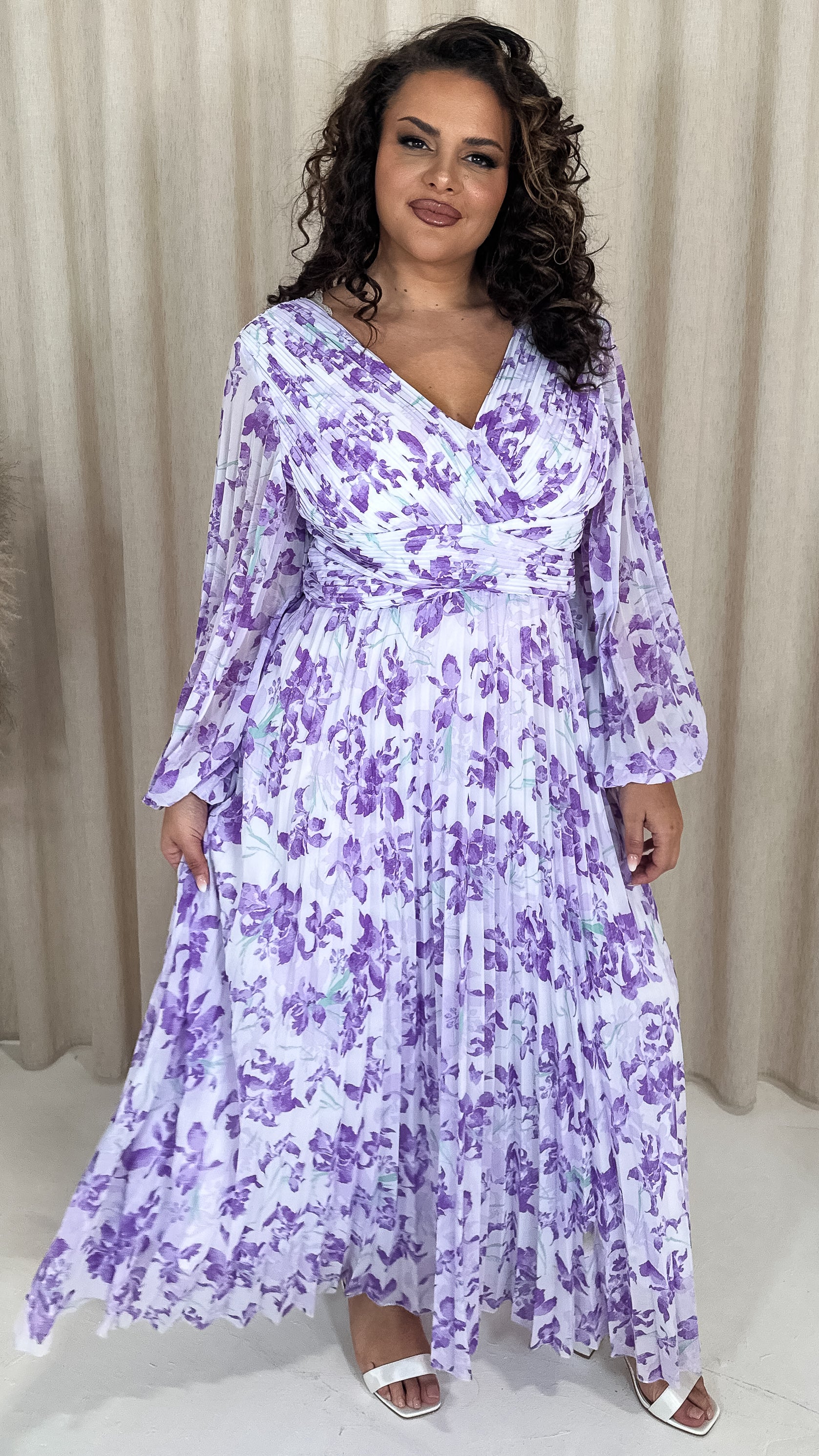 CurveWow Pleated Wrap Maxi Dress Lilac Floral