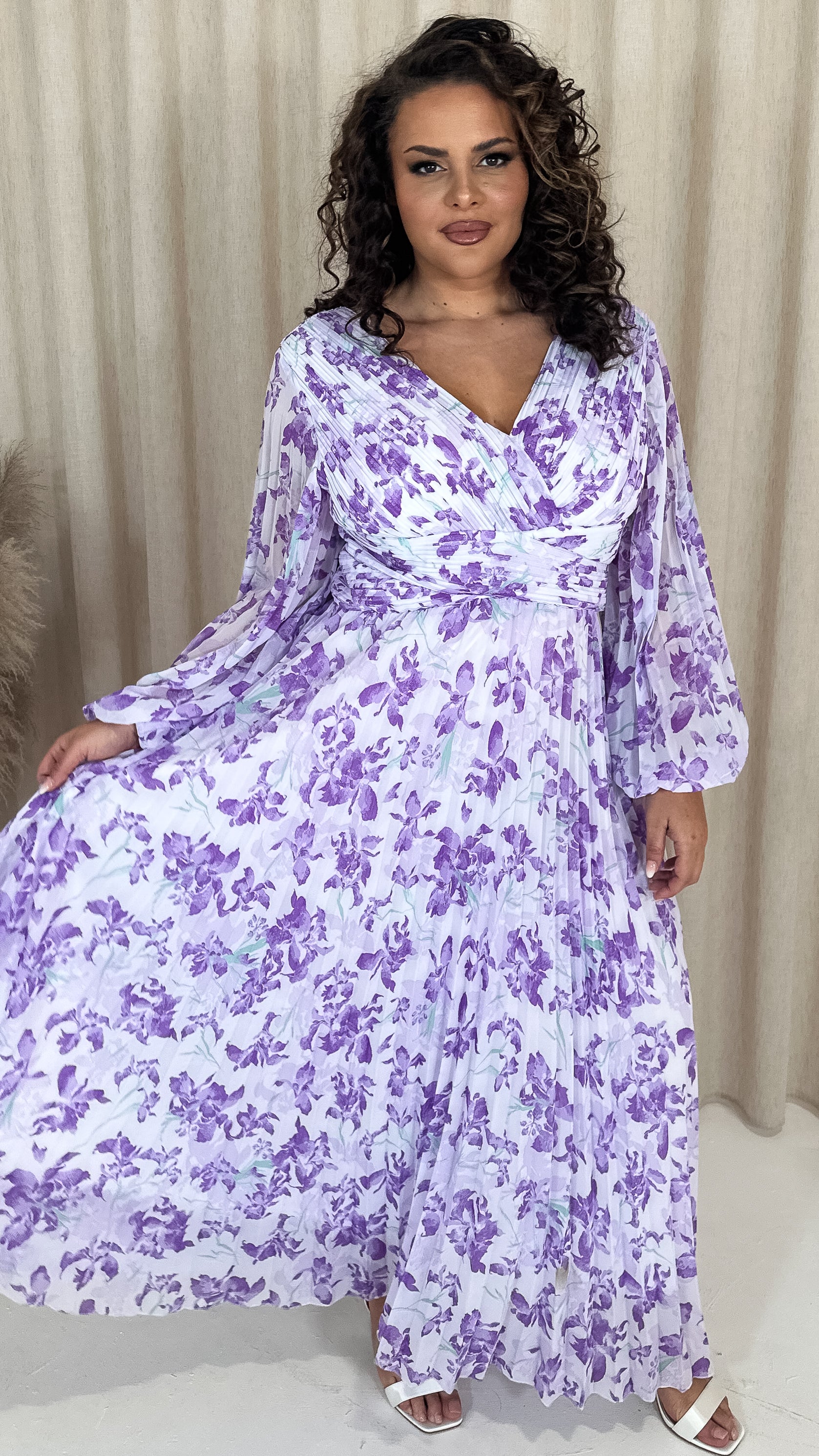 CurveWow Pleated Wrap Maxi Dress Lilac Floral