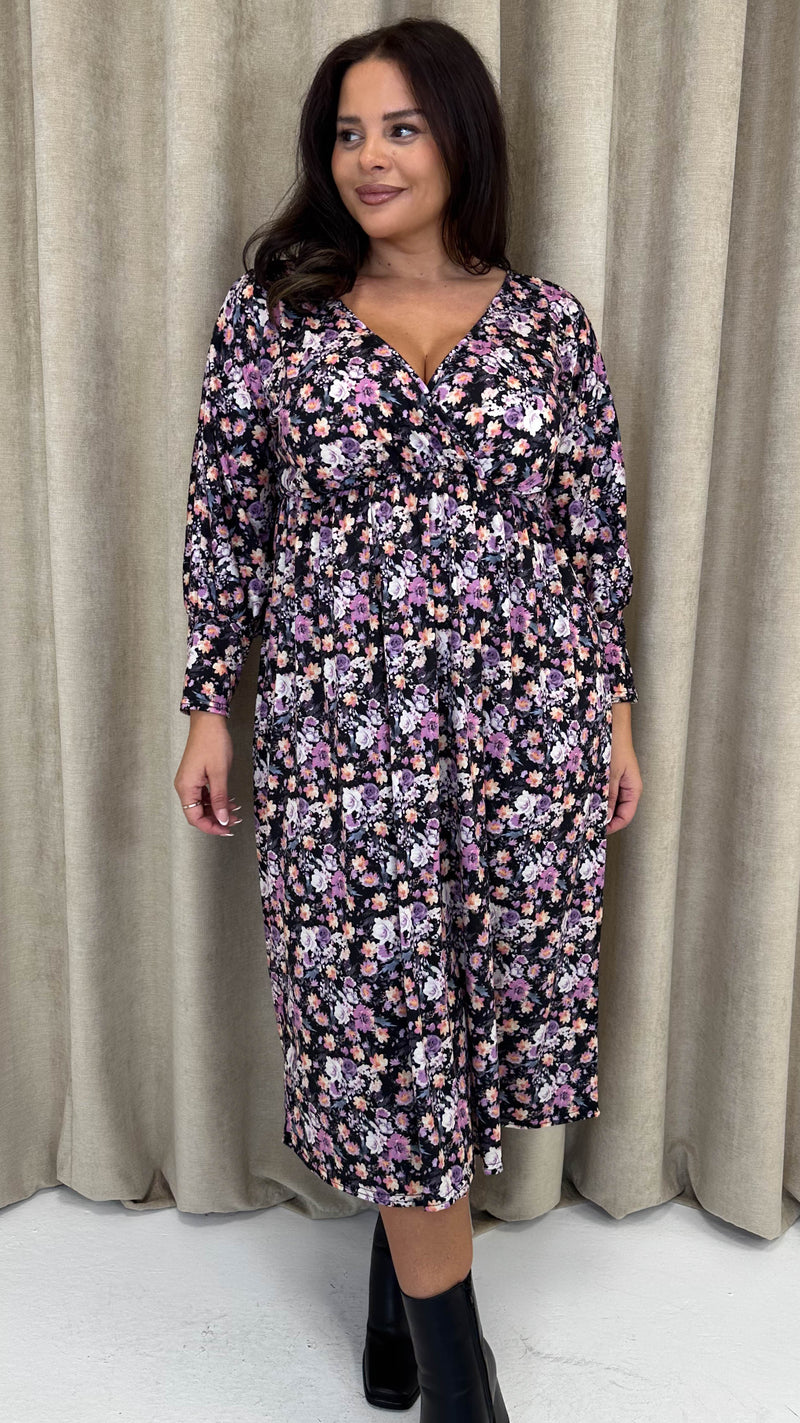 CurveWow Long Sleeve Tie Back Wrap Dress Floral