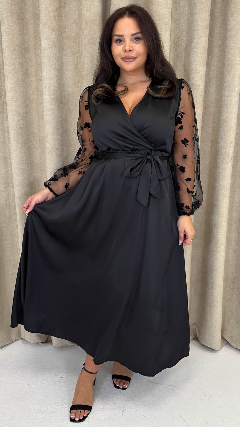 CurveWow Mesh Detail Wrap Midaxi Dress Black
