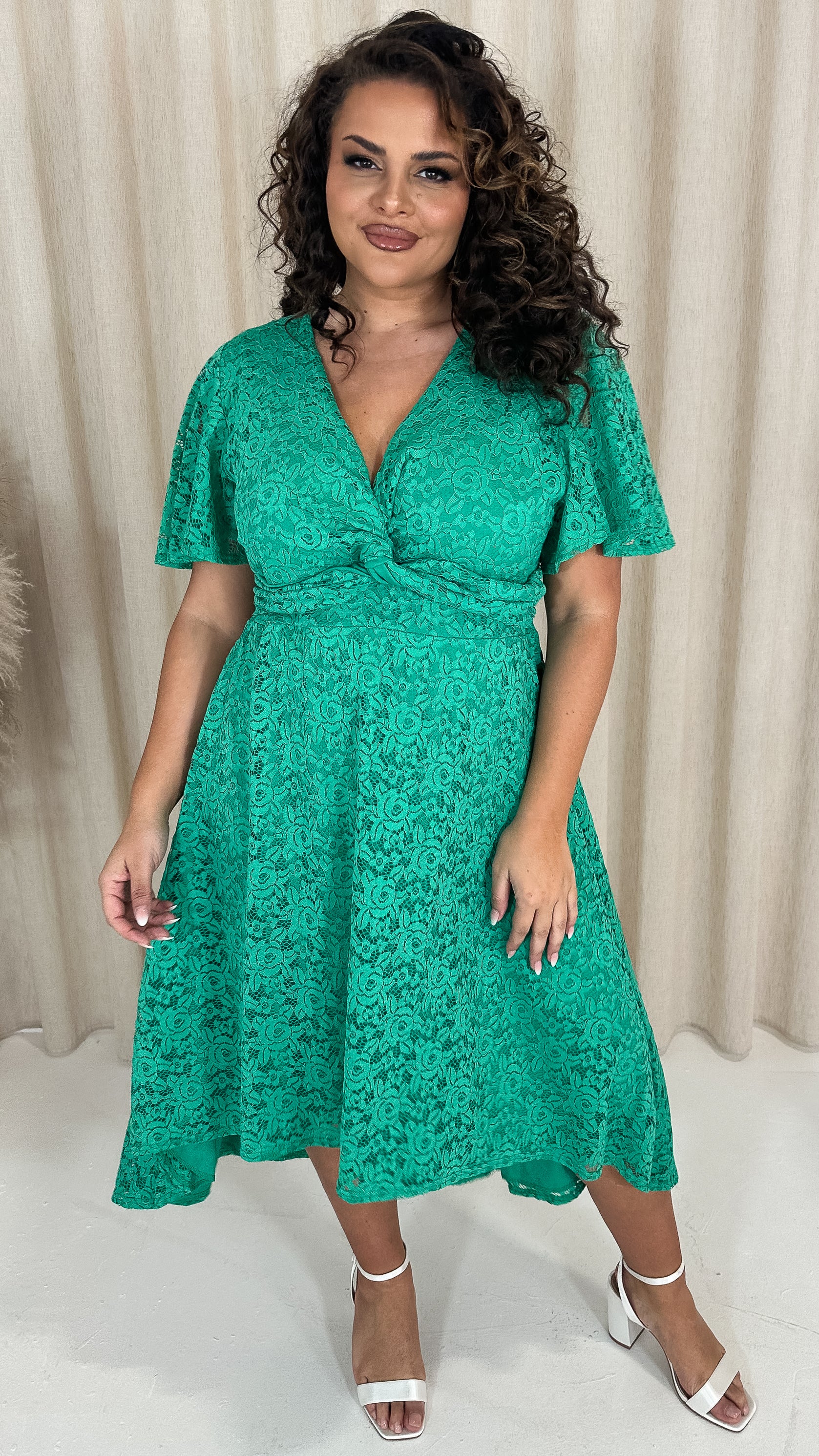 CurveWow Lace  Dipped Hem Knot Front Dress Green