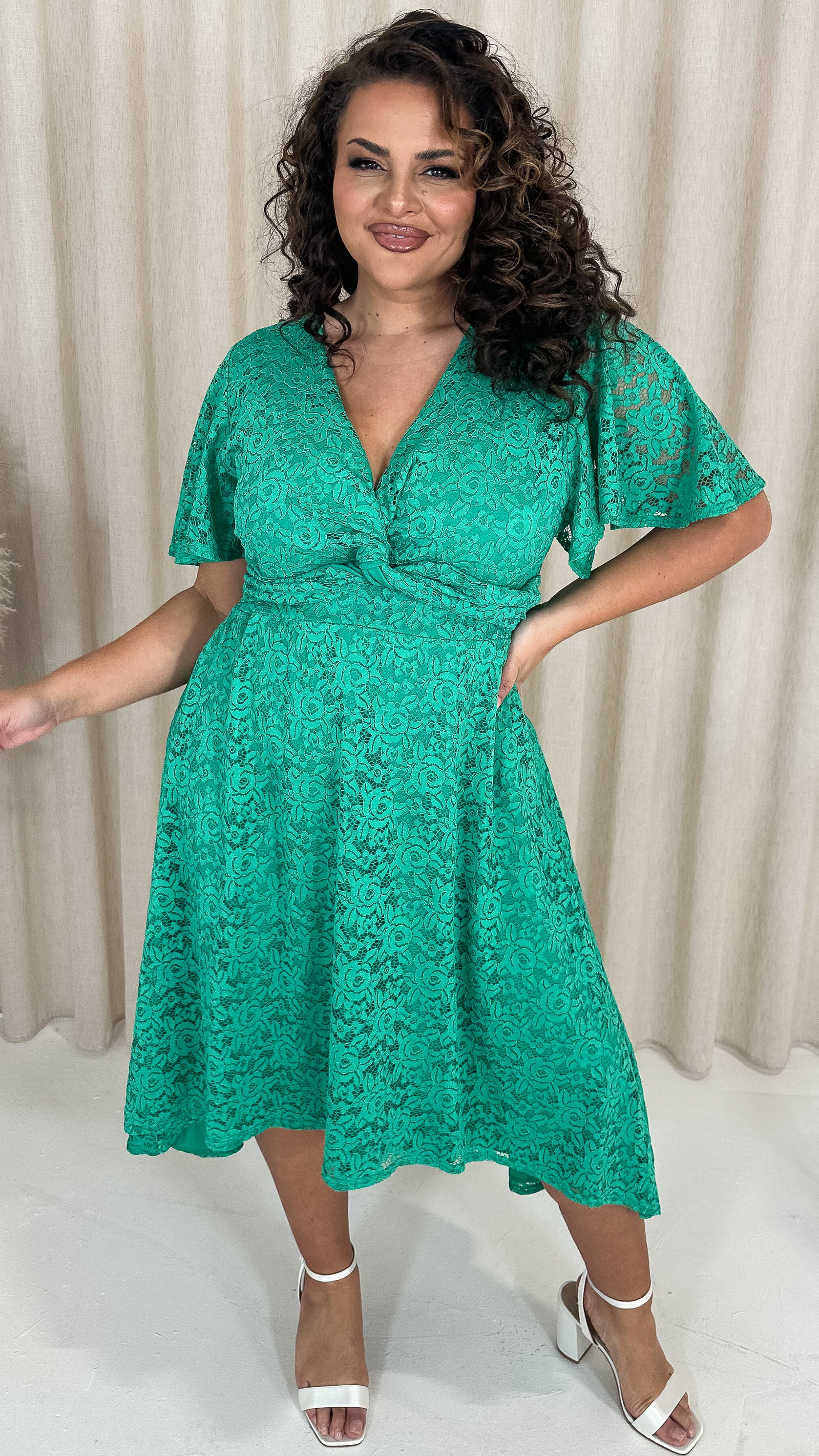 CurveWow Lace  Dipped Hem Knot Front Dress Green