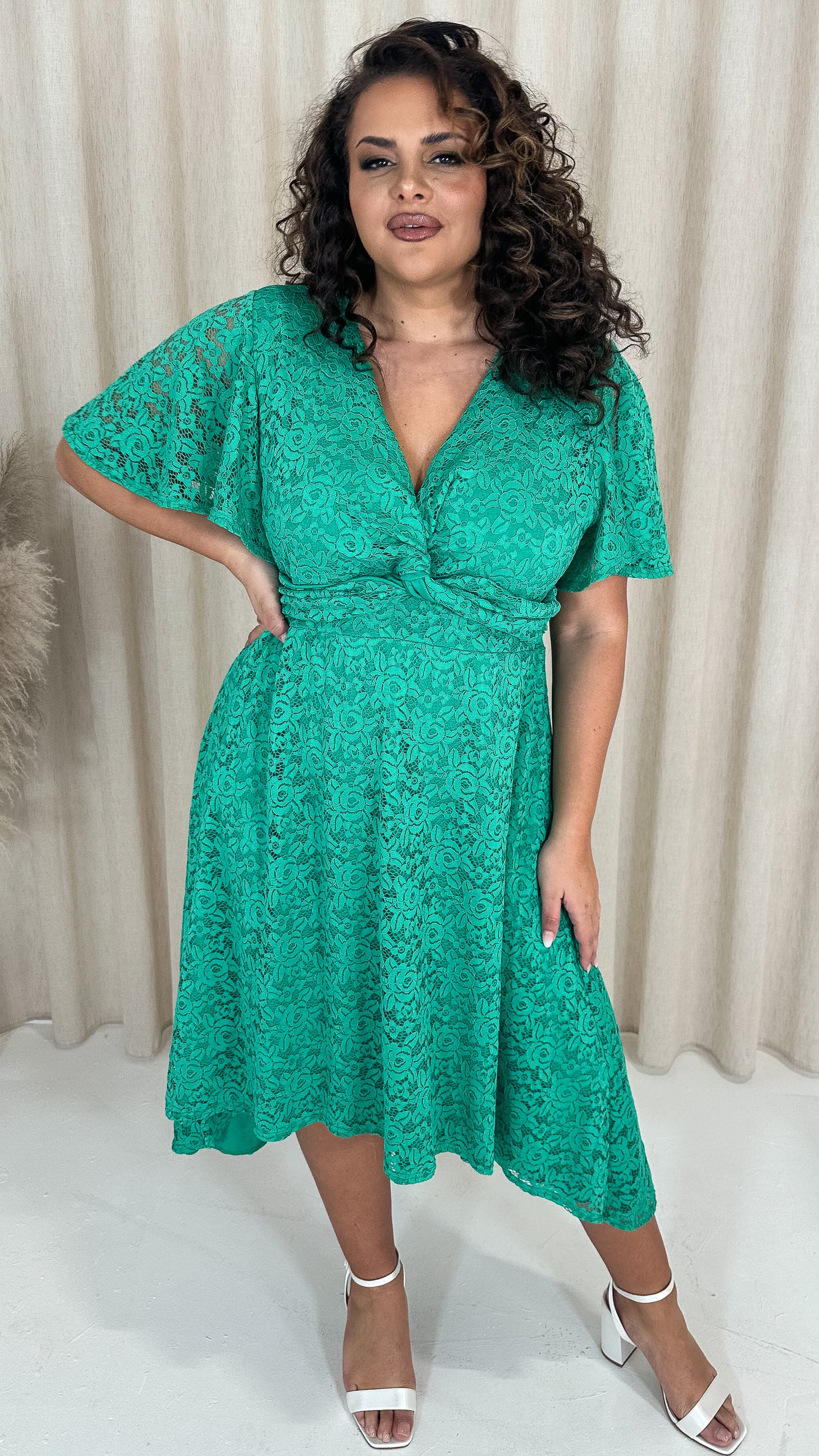 CurveWow Lace  Dipped Hem Knot Front Dress Green