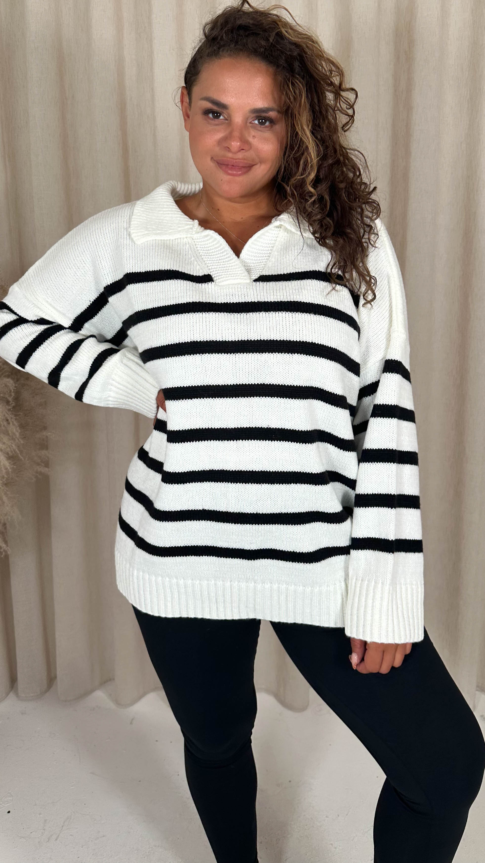 CurveWow Collar Stripe Knitted Jumper Cream
