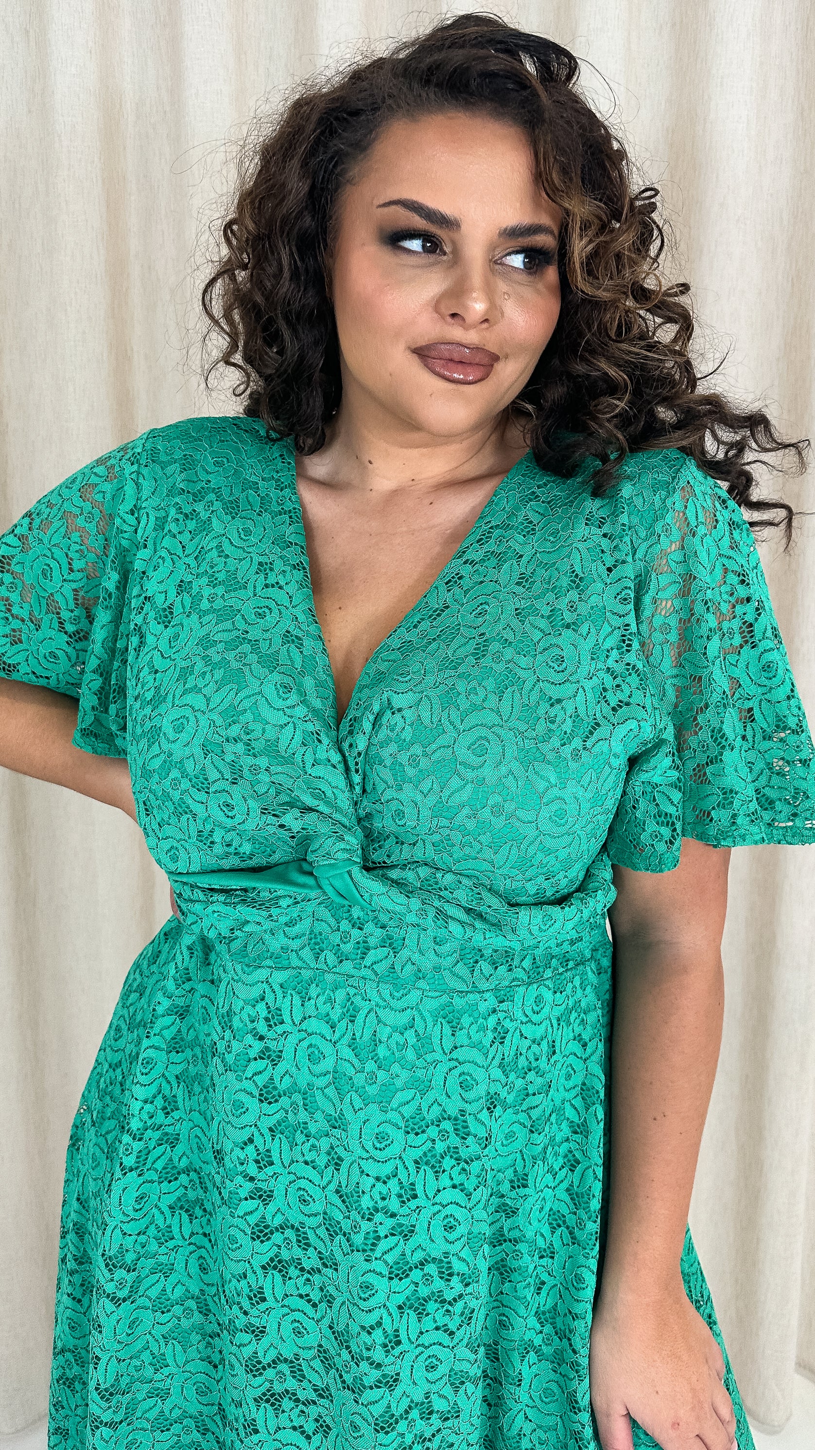 CurveWow Lace  Dipped Hem Knot Front Dress Green