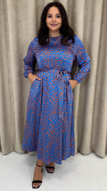 CurveWow Tie Waist Crew Neck Midi Dress Blue Animal