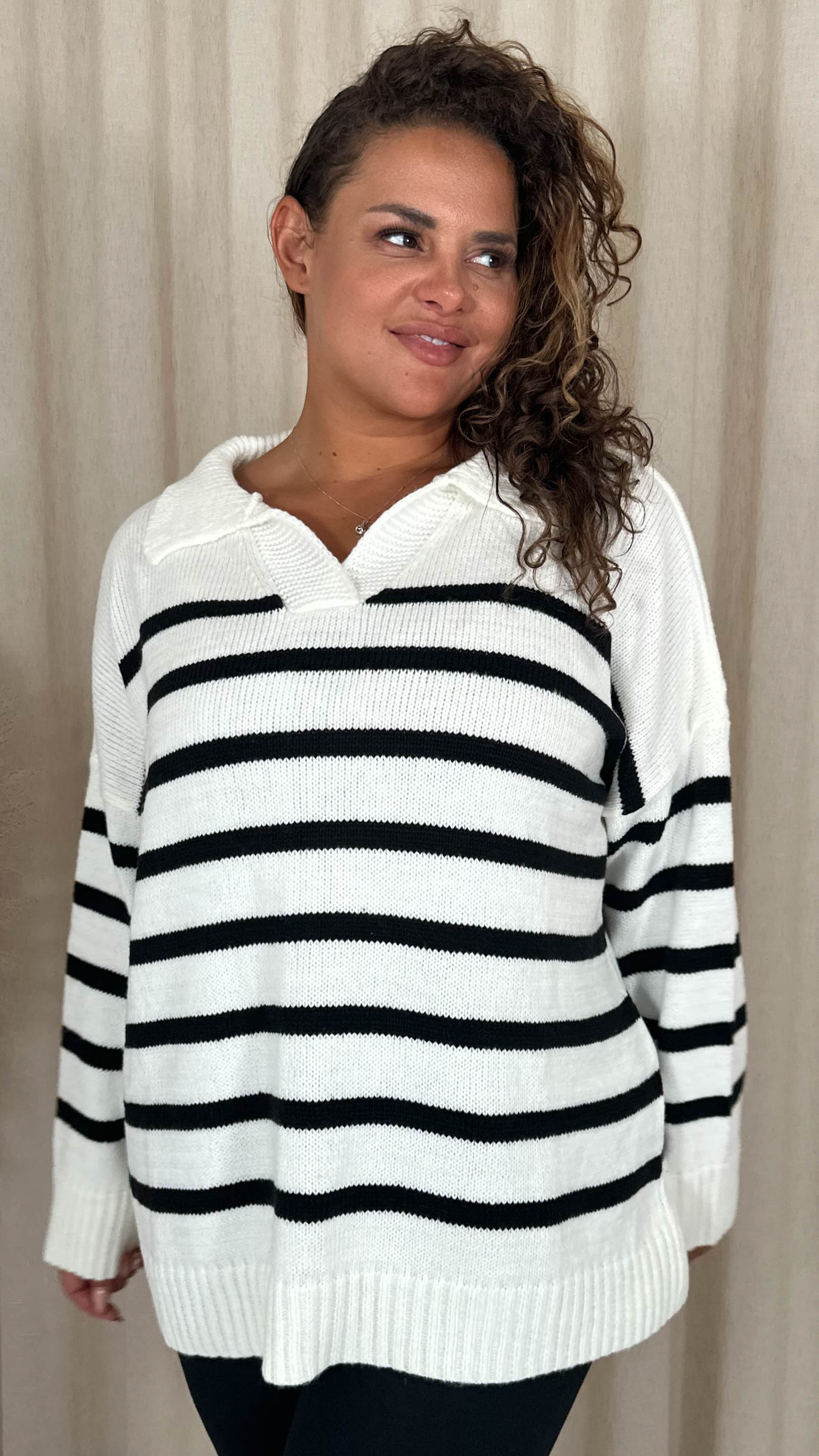 CurveWow Collar Stripe Knitted Jumper Cream