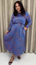 CurveWow Tie Waist Crew Neck Midi Dress Blue Animal