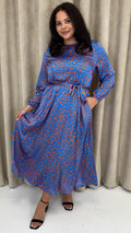 CurveWow Tie Waist Crew Neck Midi Dress Blue Animal