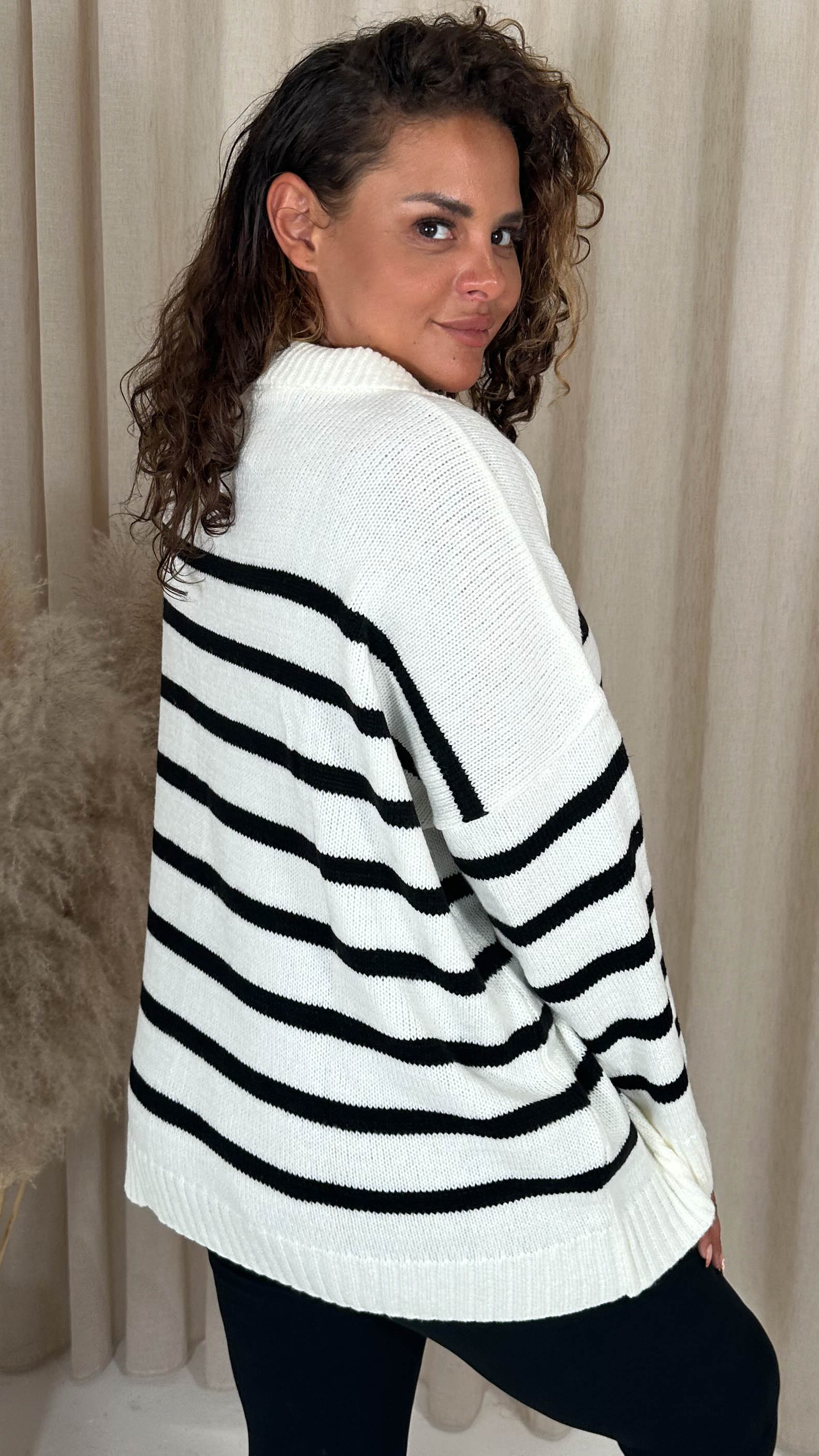 CurveWow Collar Stripe Knitted Jumper Cream