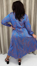 CurveWow Tie Waist Crew Neck Midi Dress Blue Animal