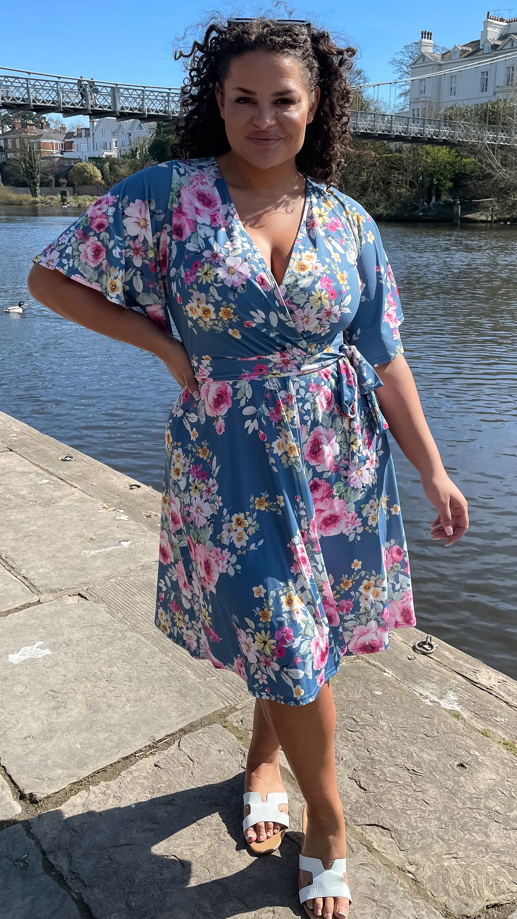 CurveWow Angel Sleeve Wrap Midi Dress Blue Floral Curvewow CurveWow Angel Sleeve Wrap Midi Dress Blue Floral Curvewow