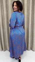 CurveWow Tie Waist Crew Neck Midi Dress Blue Animal