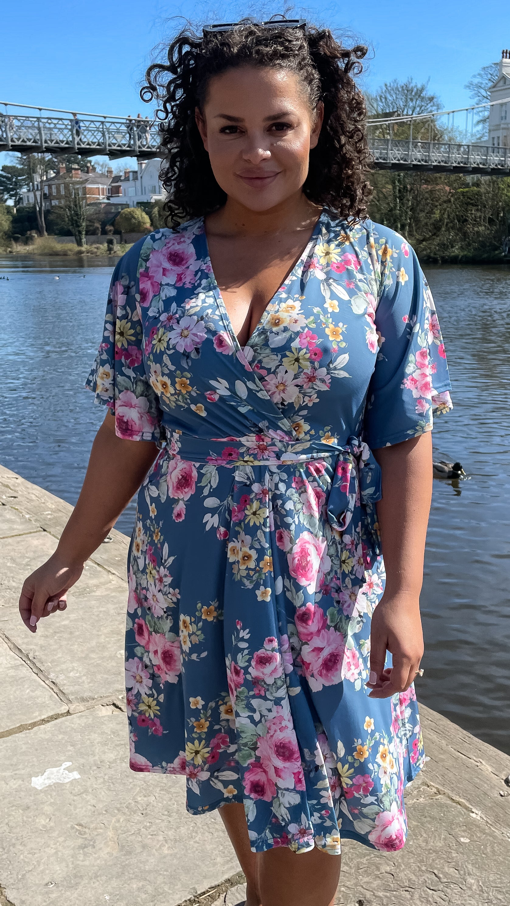 CurveWow Angel Sleeve Wrap Midi Dress Blue Floral Curvewow CurveWow Angel Sleeve Wrap Midi Dress Blue Floral Curvewow