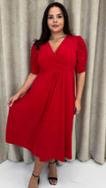 CurveWow 3/4 Balloon Sleeve Wrap Midi Dress Red