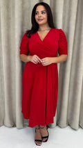 CurveWow 3/4 Balloon Sleeve Wrap Midi Dress Red