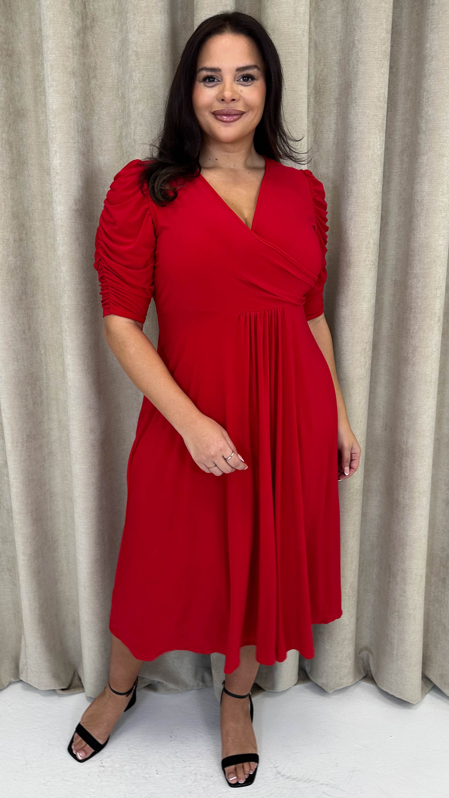 CurveWow 3/4 Balloon Sleeve Wrap Midi Dress Red Curvewow CurveWow 3/4 Balloon Sleeve Wrap Midi Dress Red Curvewow