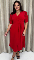 CurveWow 3/4 Balloon Sleeve Wrap Midi Dress Red