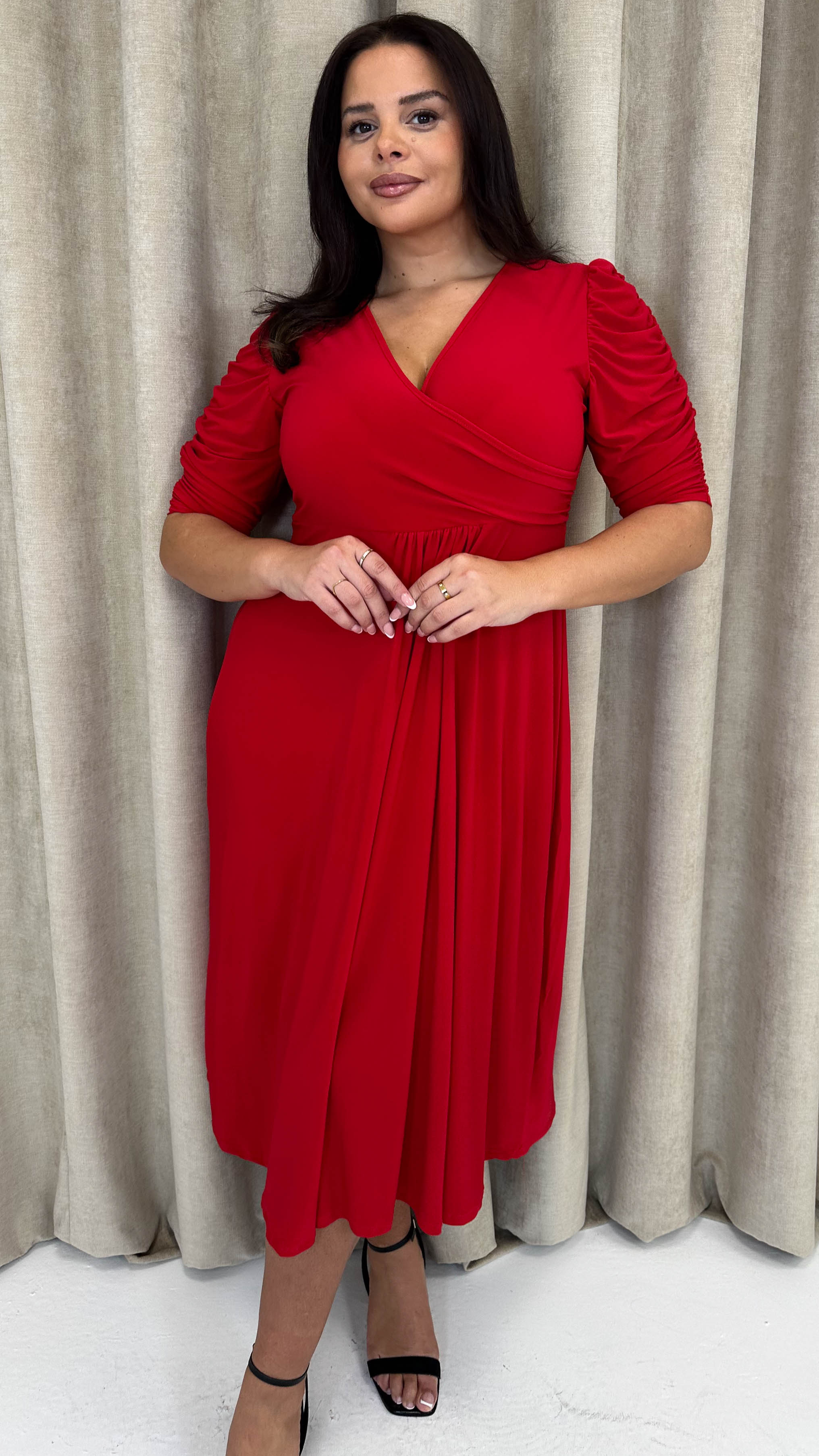 CurveWow 3/4 Balloon Sleeve Wrap Midi Dress Red Curvewow CurveWow 3/4 Balloon Sleeve Wrap Midi Dress Red Curvewow