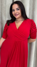 CurveWow 3/4 Balloon Sleeve Wrap Midi Dress Red