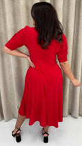 CurveWow 3/4 Balloon Sleeve Wrap Midi Dress Red