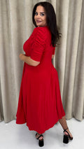 CurveWow 3/4 Balloon Sleeve Wrap Midi Dress Red