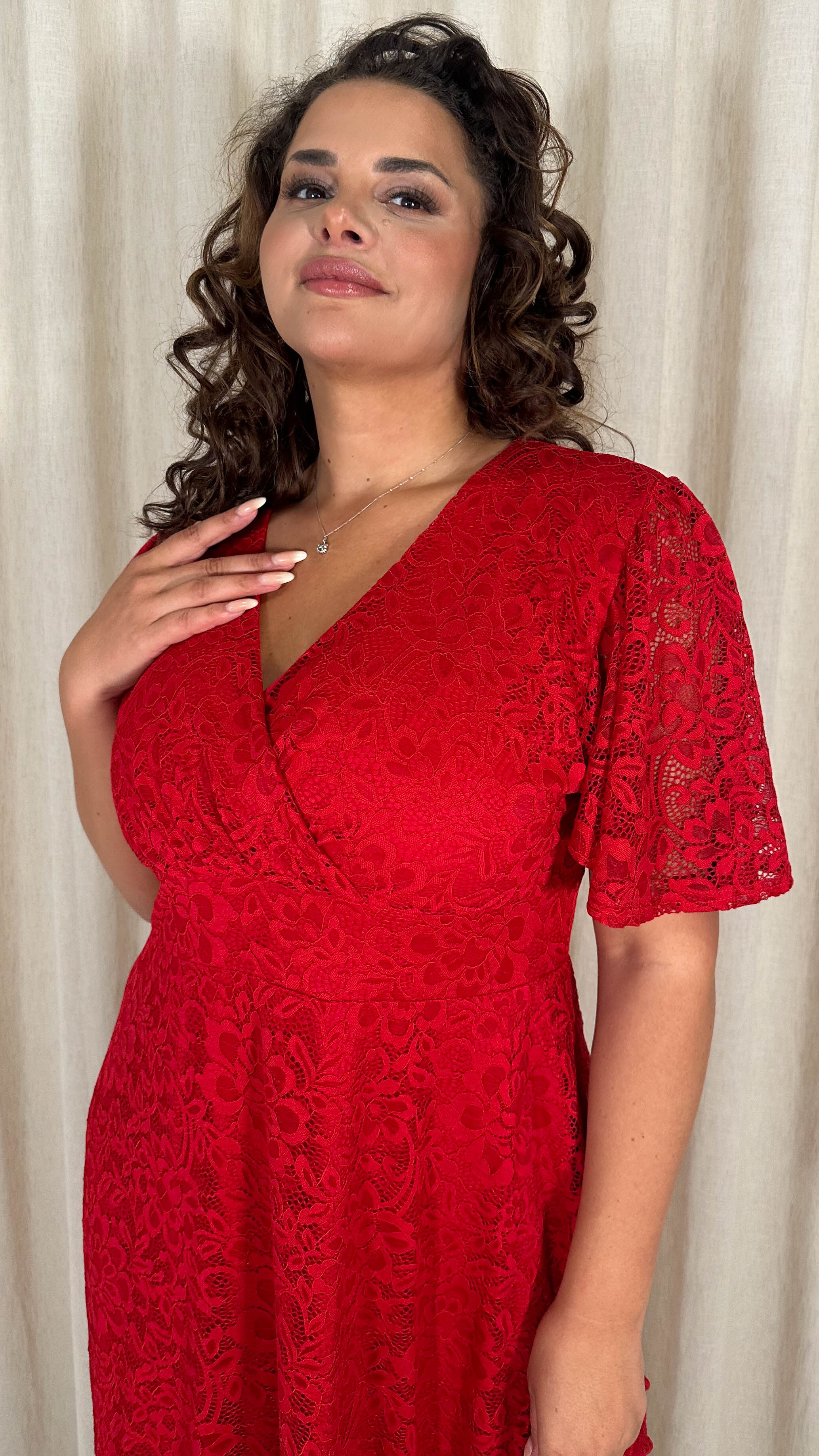 CurveWow Lace Angel Sleeve Dress Red