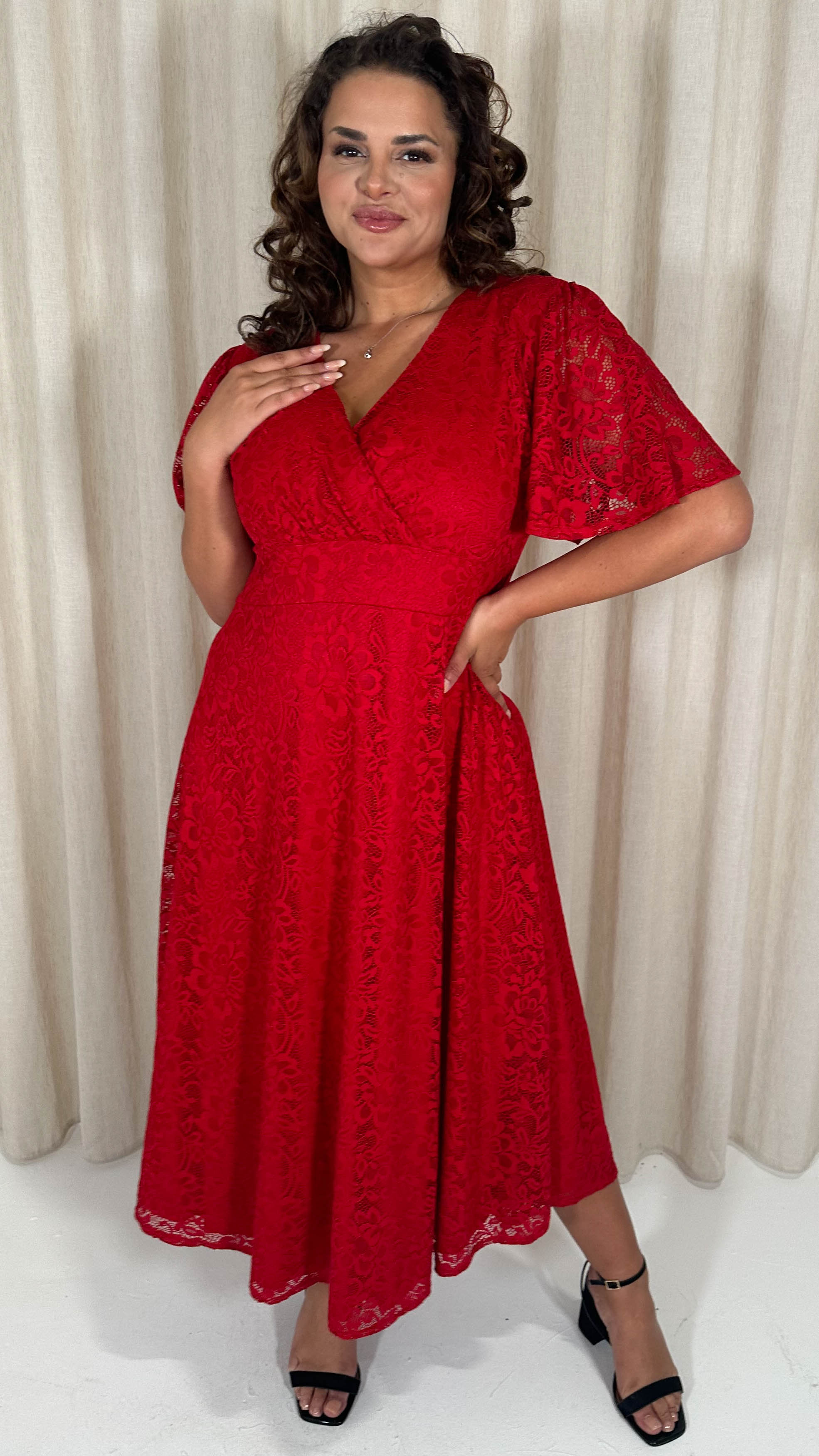 CurveWow Lace Angel Sleeve Dress Red