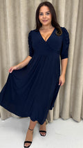 CurveWow 3/4 Balloon Sleeve Wrap Midi Dress Navy
