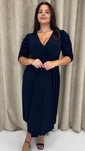 CurveWow 3/4 Balloon Sleeve Wrap Midi Dress Navy
