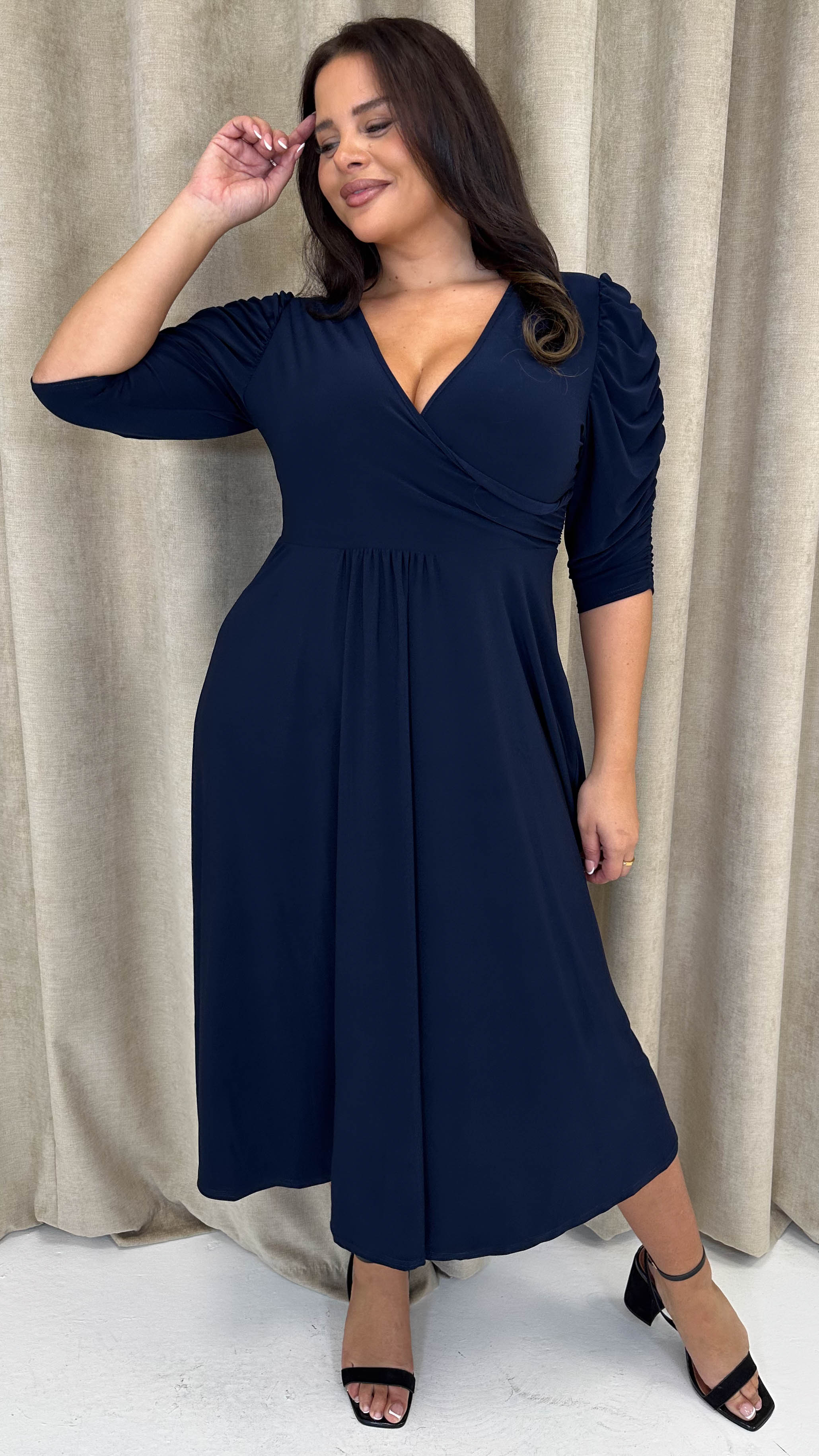 CurveWow 3/4 Balloon Sleeve Wrap Midi Dress Navy Curvewow CurveWow 3/4 Balloon Sleeve Wrap Midi Dress Navy Curvewow