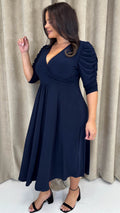 CurveWow 3/4 Balloon Sleeve Wrap Midi Dress Navy