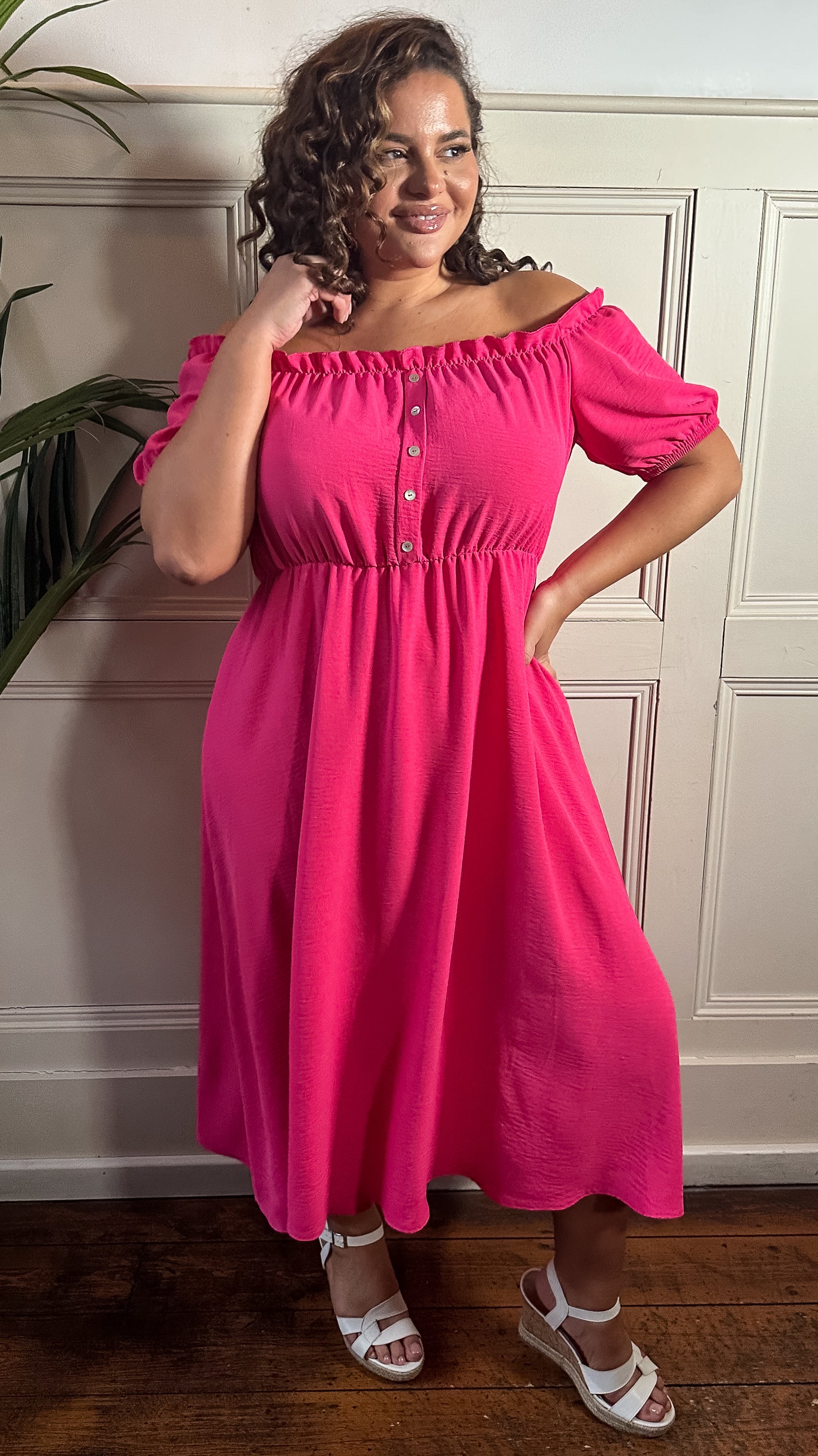 CurveWow Bardot Midi Dress Cerise Curvewow CurveWow Bardot Midi Dress Cerise Curvewow
