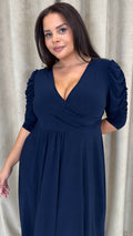 CurveWow 3/4 Balloon Sleeve Wrap Midi Dress Navy