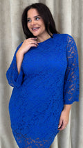 CurveWow Floral Lace Shift Dress Cobalt Blue