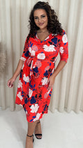CurveWow Cowl Neck Midi Dress Red Floral
