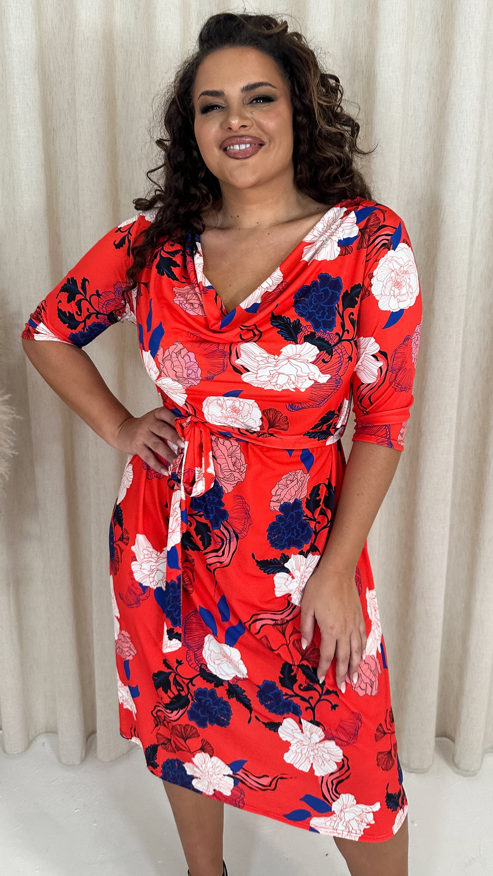 CurveWow Cowl Neck Midi Dress Red Floral Curvewow CurveWow Cowl Neck Midi Dress Red Floral Curvewow