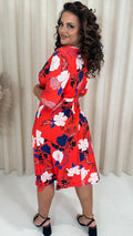 CurveWow Cowl Neck Midi Dress Red Floral