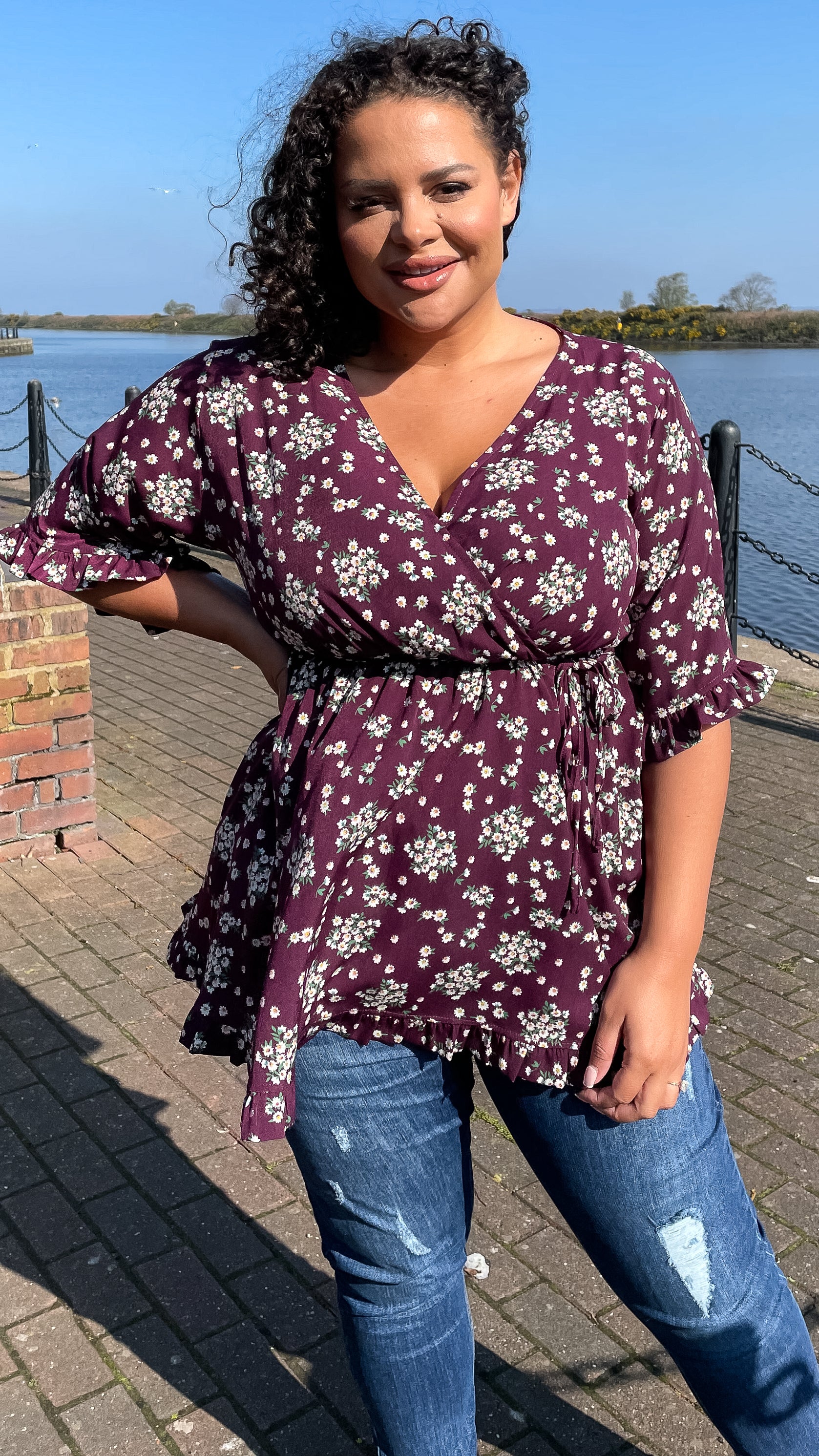 CurveWow Wrap Frill Sleeve Tunic Purple Floral