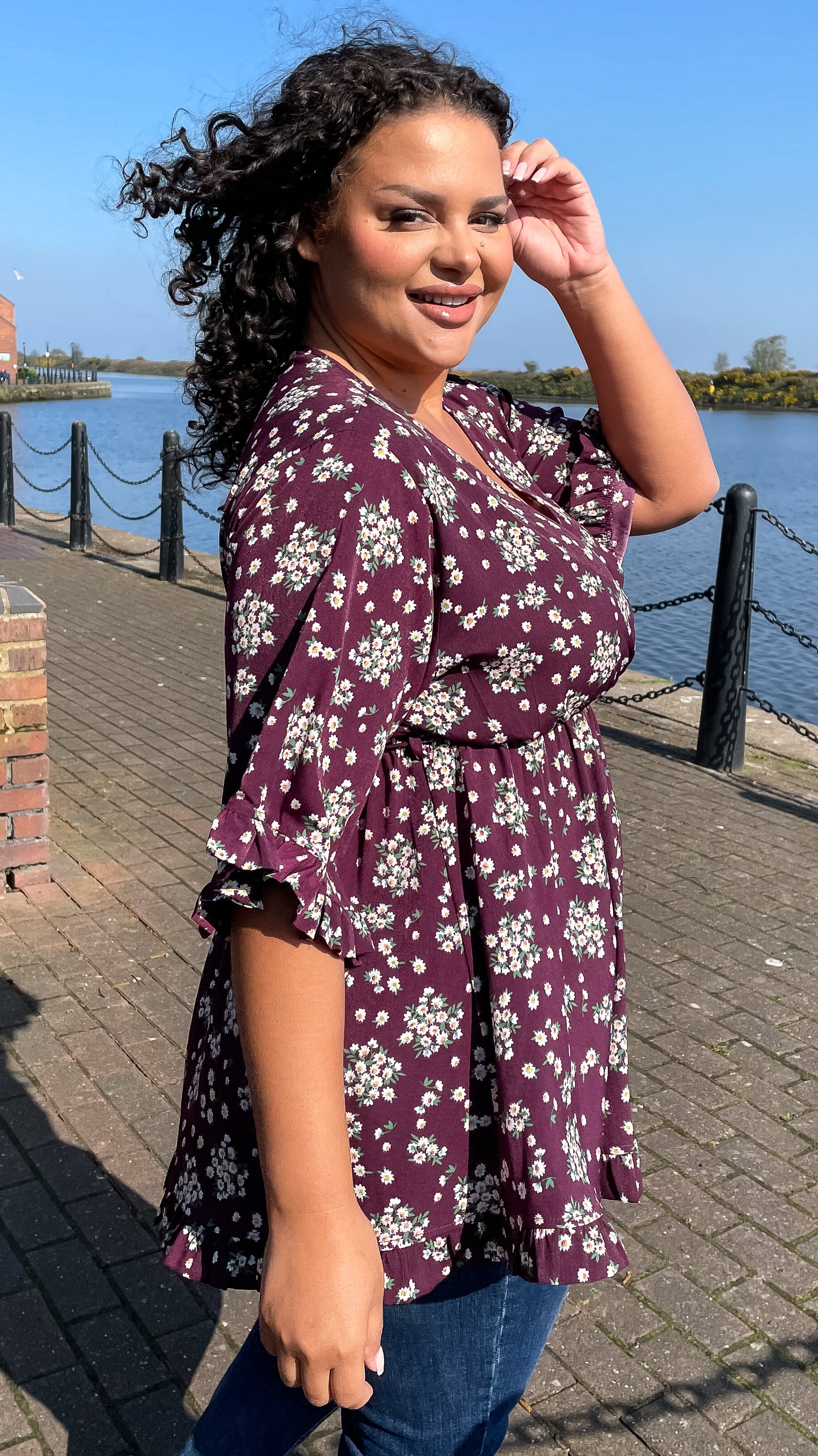 CurveWow Wrap Frill Sleeve Tunic Purple Floral