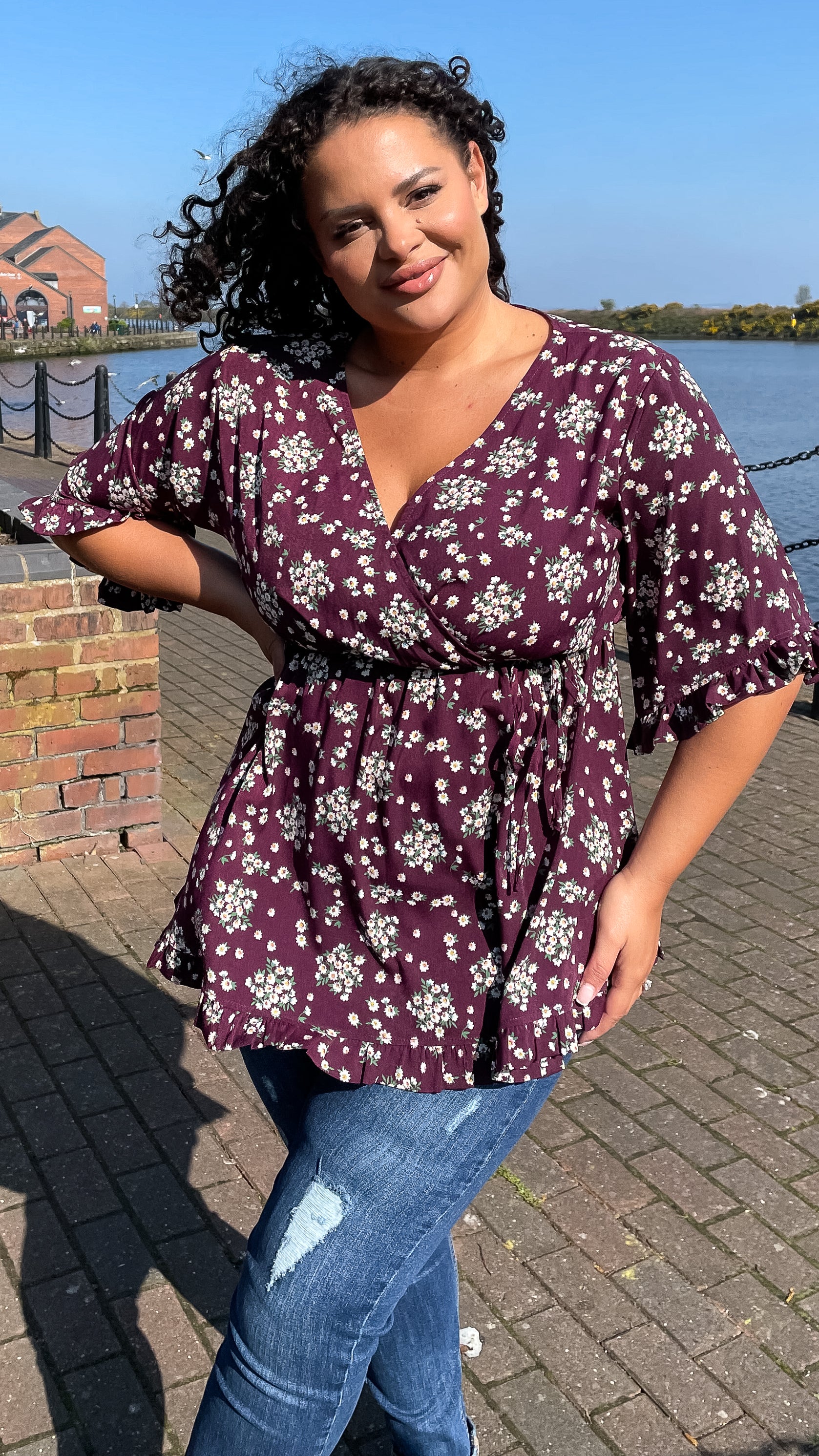 CurveWow Wrap Frill Sleeve Tunic Purple Floral