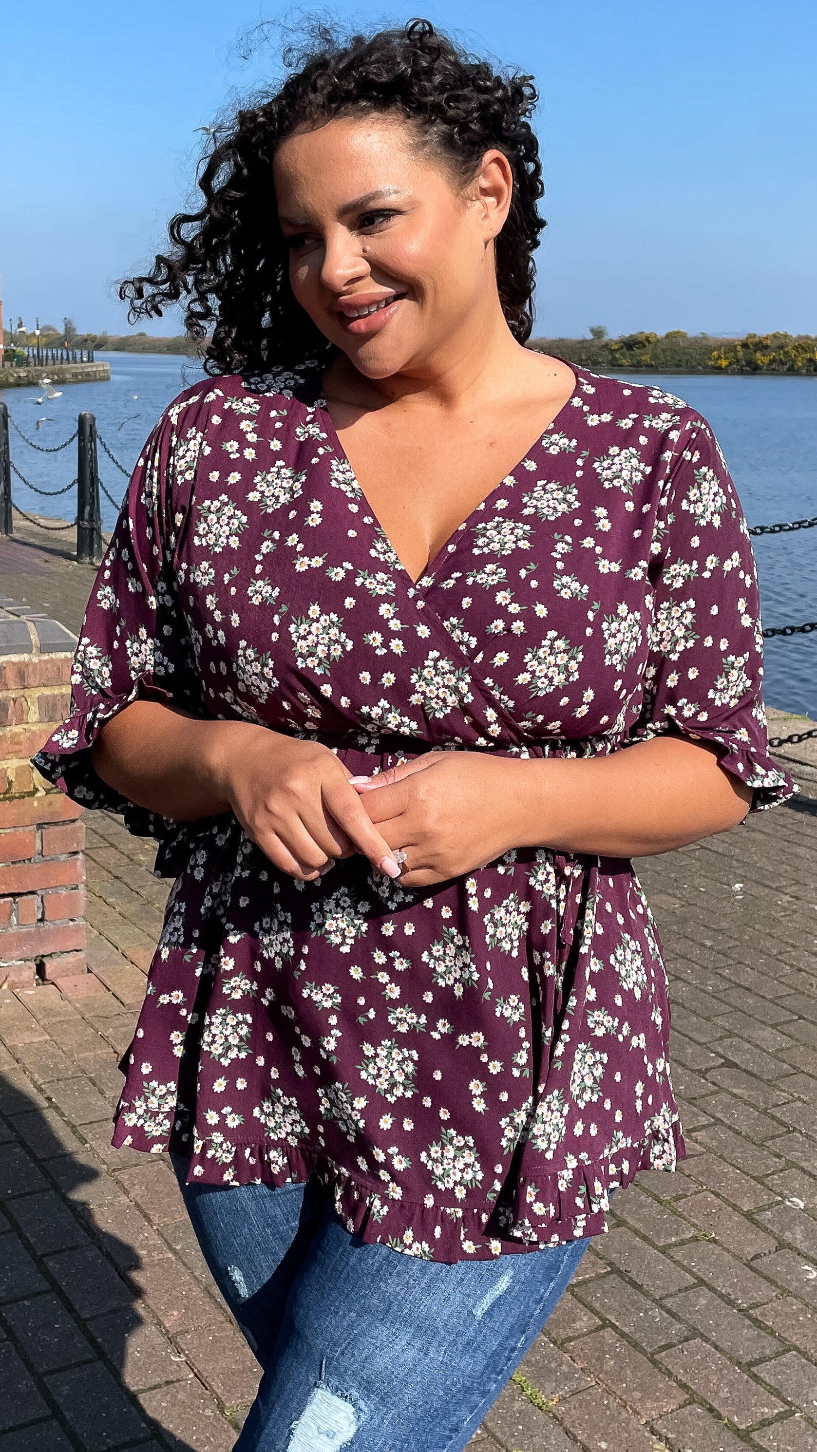 CurveWow Wrap Frill Sleeve Tunic Purple Floral