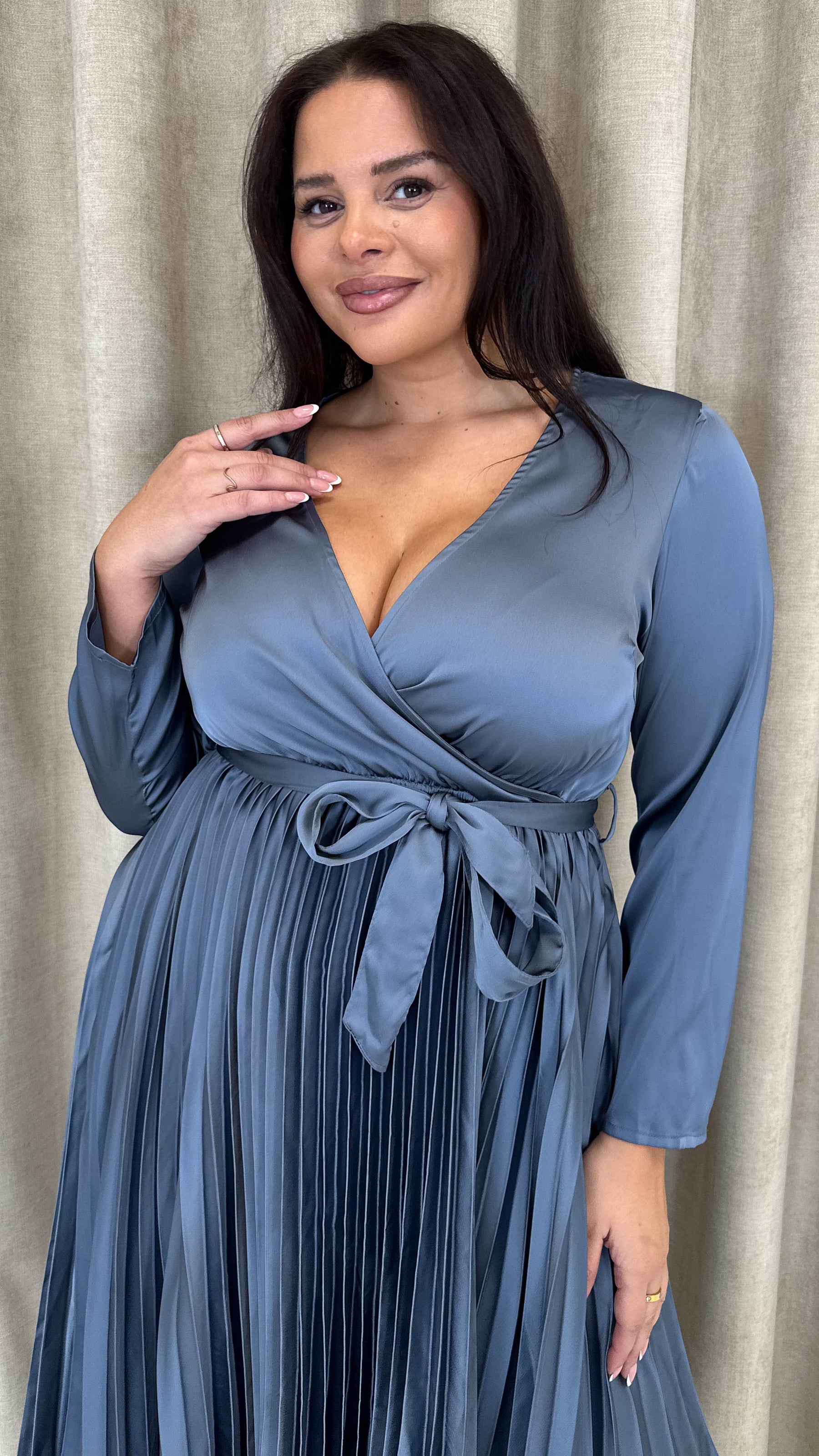 CurveWow Long Sleeve Pleated Wrap Dress Gunmetal Grey Curvewow CurveWow Long Sleeve Pleated Wrap Dress Gunmetal Grey Curvewow