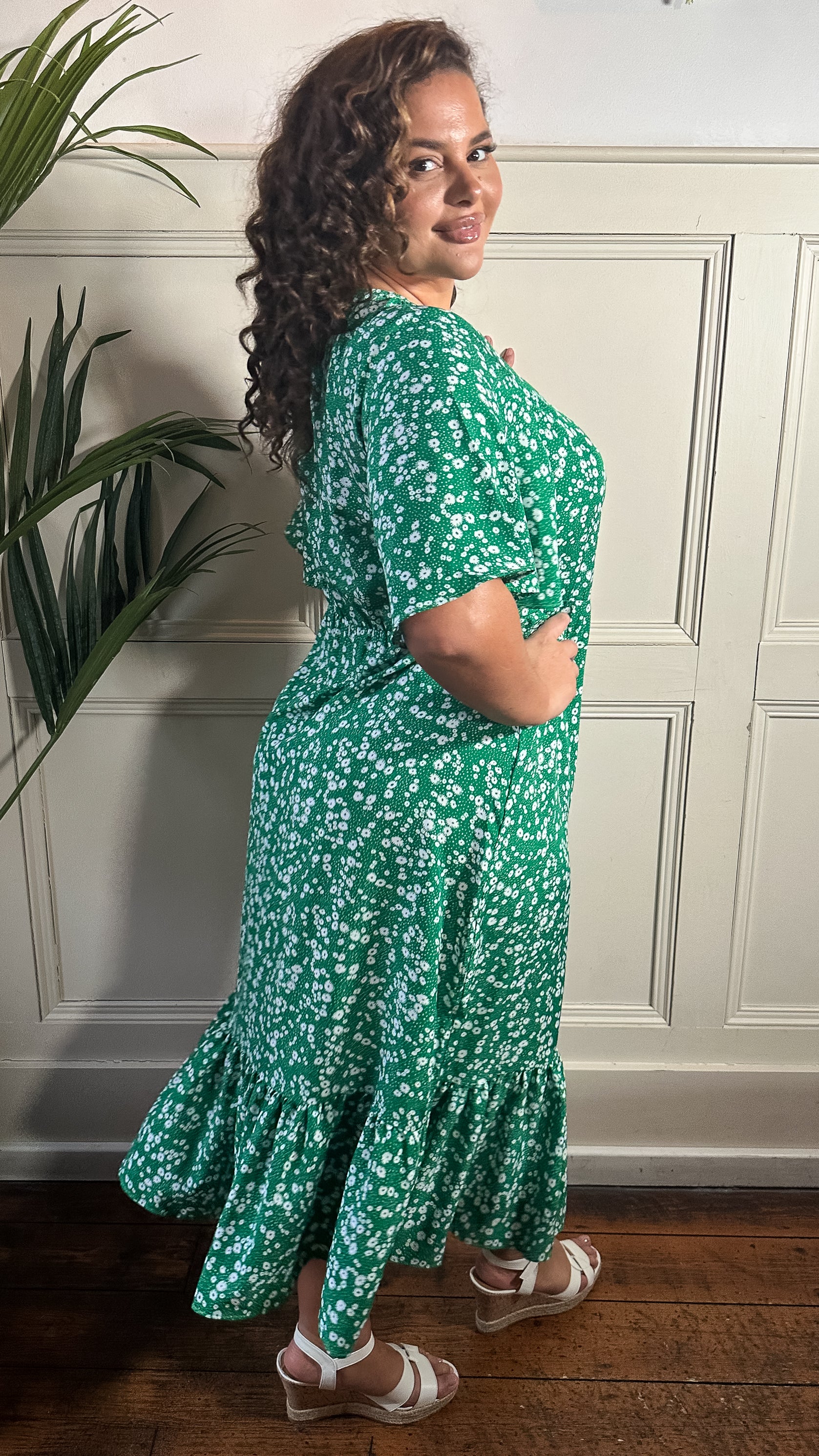 CurveWow Wrap Smock Midi Dress Green Ditsy Floral