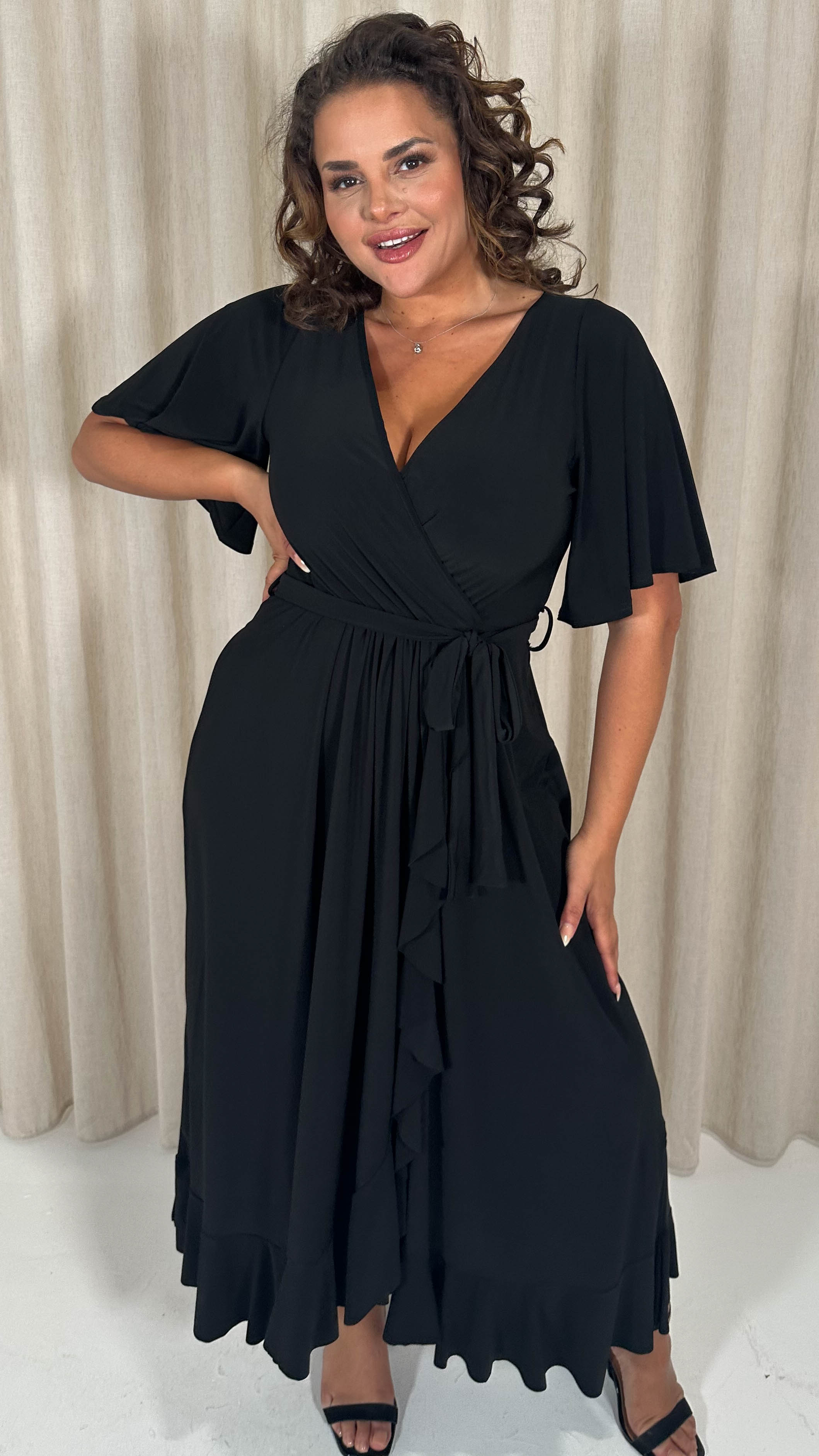 CurveWow Slinky Frill Wrap Dress Black – Curvewow CurveWow Slinky Frill Wrap Dress Black – Curvewow