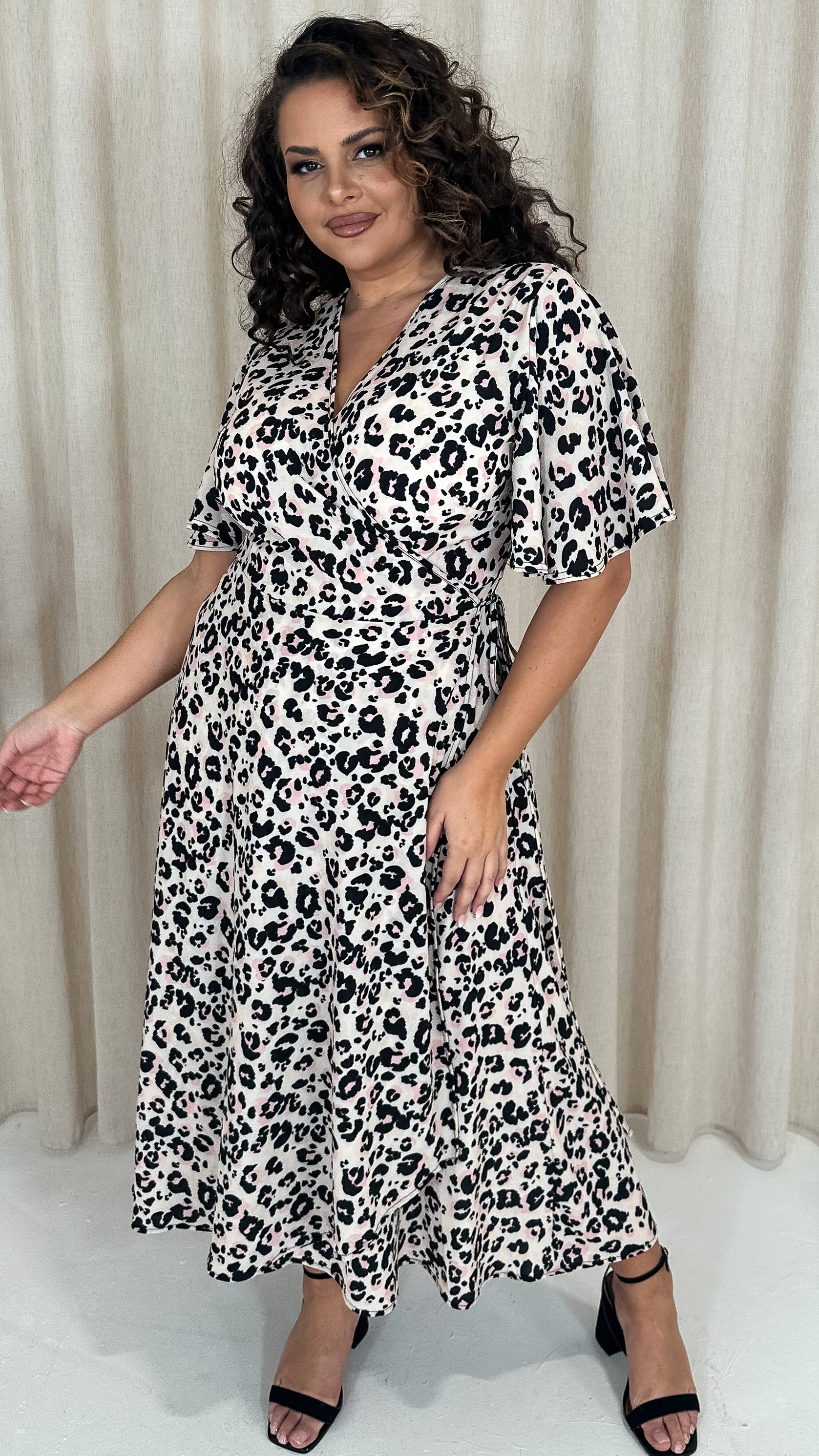 CurveWow Petite Wrap Angel Sleeve Dress Leopard