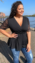 CurveWow Wrap Top With Lace Sleeves Black