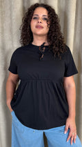CurveWow Printed Cotton Tie Front Peplum Top Black