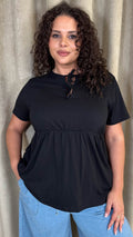 CurveWow Printed Cotton Tie Front Peplum Top Black