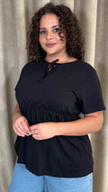 CurveWow Printed Cotton Tie Front Peplum Top Black
